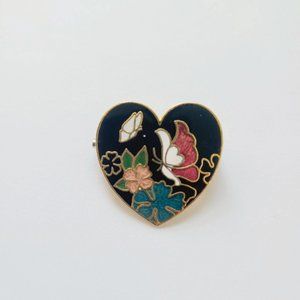 Vintage Brooch Pin Hearth Flower Butterfly Cloisonne Gold Tone 1"